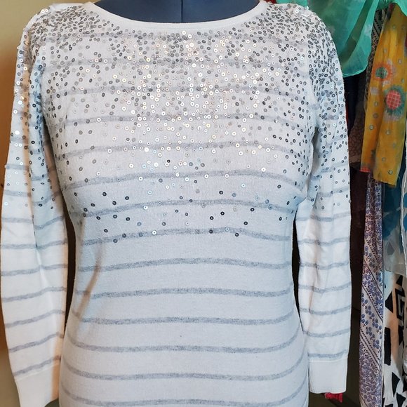 Striped, Sequined Fitted Sweater - Picture 1 of 3